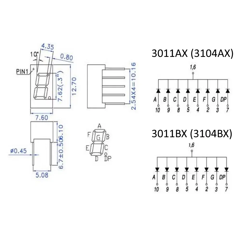 10PCS 3011BH 3011BB 3011BG 3011BW 0.3 Inch Common Anode One Digit Seven Segment Led Display Tube 10Pin Red Blue Green White