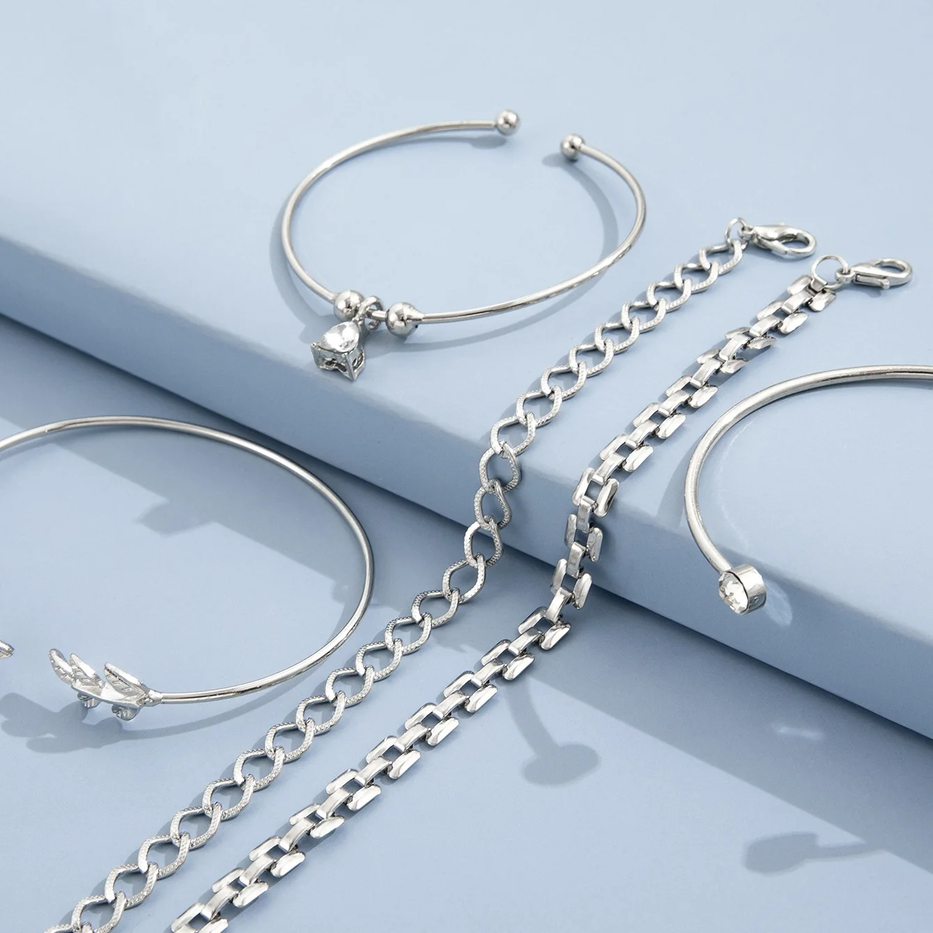 Bohemian Silver Color Geometric Link Chain Bracelet Set For Women Crystal Leaf Open Cuff Bangle Female Boho Jewelry Accessory image 6