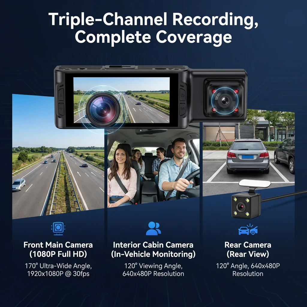 3 Channel WiFi Dash Cam 1080P Front Inside and Rear Camera with 3.16 Inch Screen 170 Wide Angle Motion Detection Parking Mode