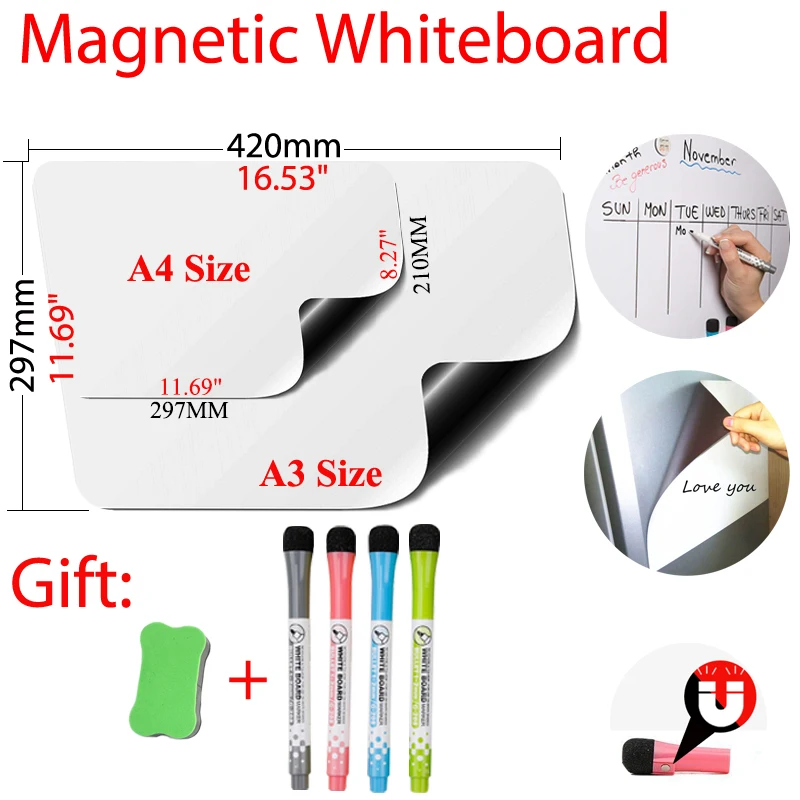 

A3+A4 Rounded Magnetic Whiteboard Fridge Sticker Dry Erase Whiteboard Memo Presentation Writing Drawing Announcement Smart Board