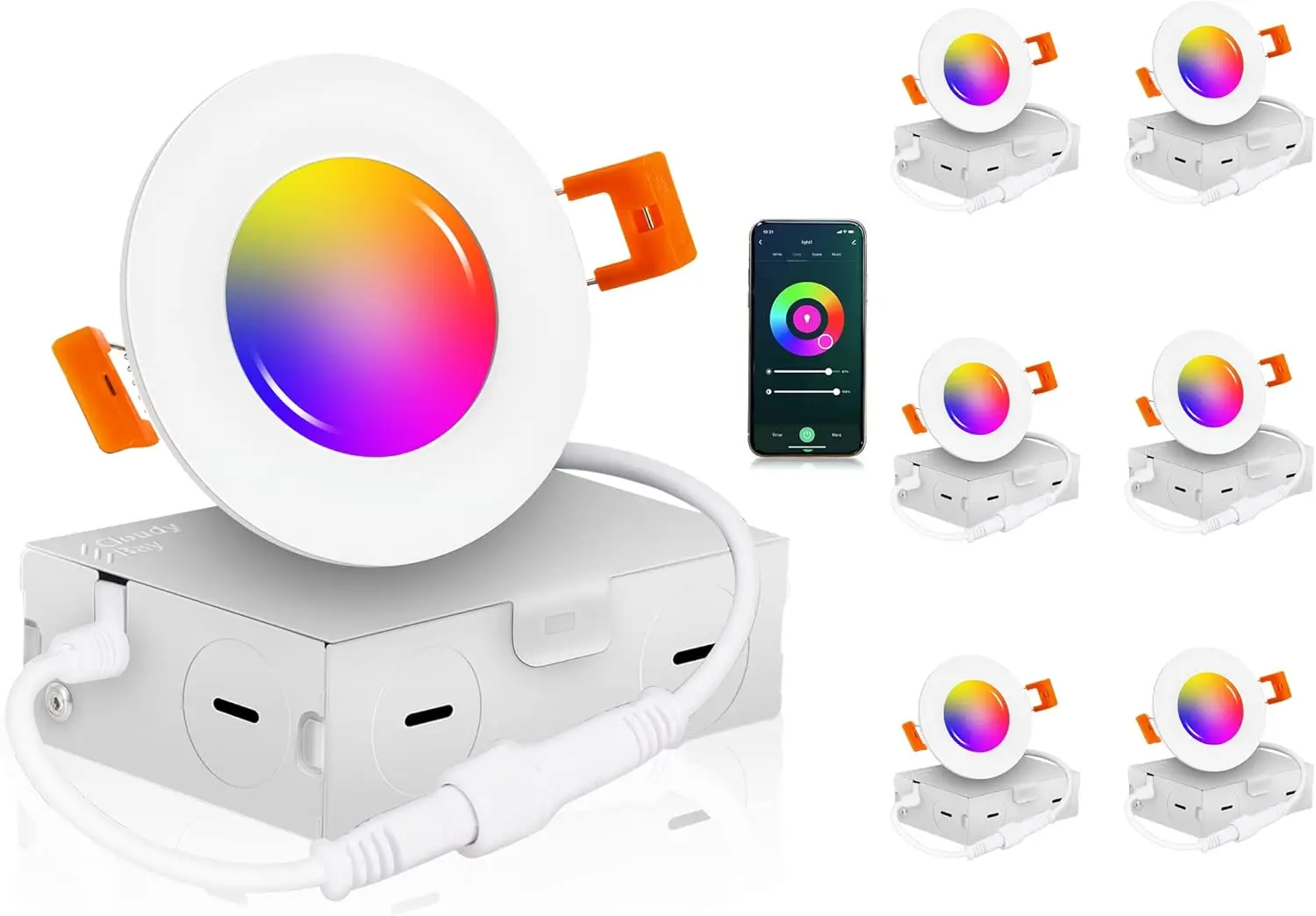 

6-Pack Smart WiFi LED Recessed Lights, RGBCW Color Changing, Works with Alexa & Google Home, No Hub Needed