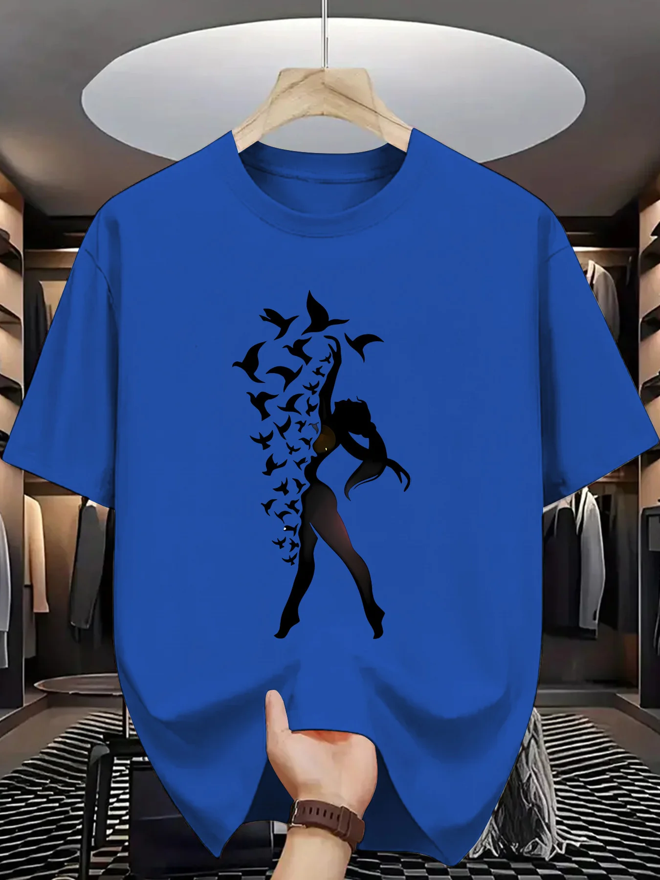 Dancing Woman Birds Mens Crew Neck T Shirt Lady Silhouette Flying Birds Art Graphic Short Sleeve Tee Casual Male Street Tops