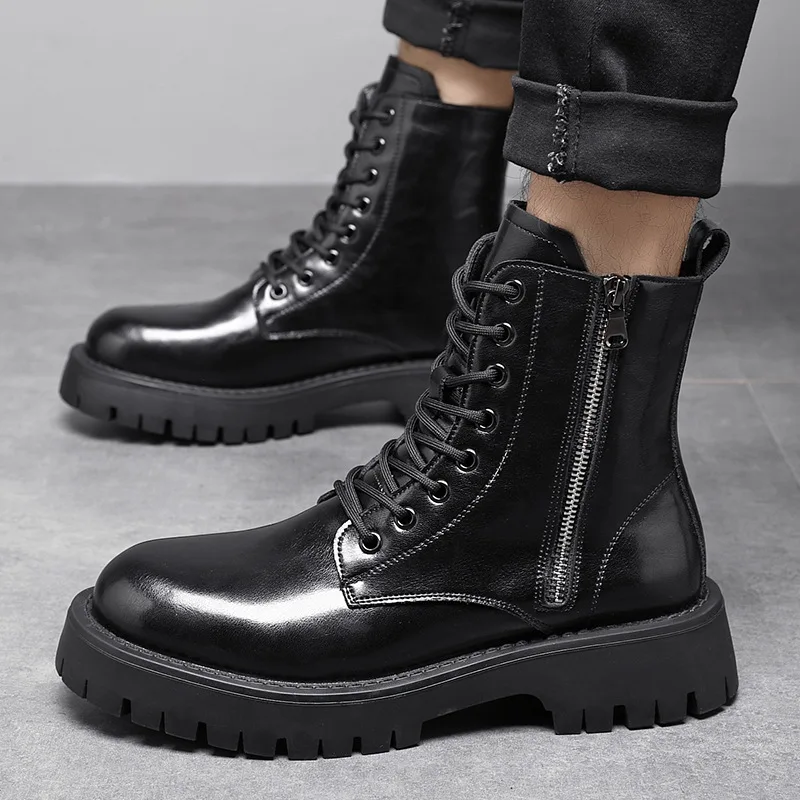England style mens fashion high motorcycle boots black autumn winter shoes cowboy natural leather boot long platform botas male
