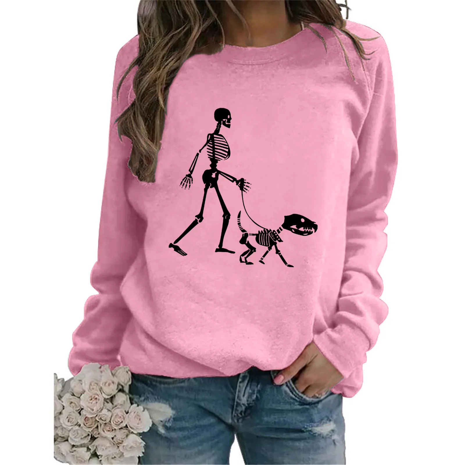 Autumn  And Winter New Halloween Skeleton And Dog Print Women's Cotton Female Cute Long Sleeves Sweatshirt Pullover Hoodie