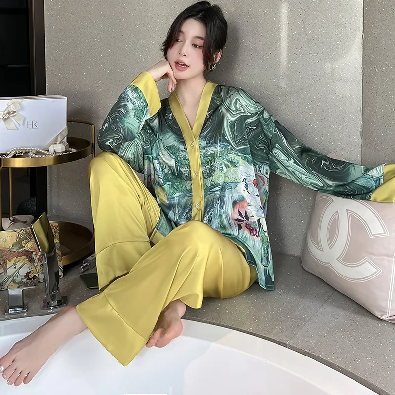 NHKDSASA New Women's Pajamas Set Luxury Style Fashion Print Sleepwear Silk Like Homewear V Neck Nightwear Femme пижама женская