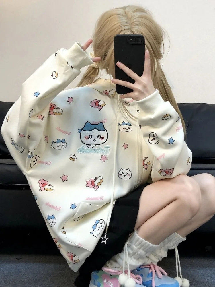 HOUZHOU-Sudadera con capucha Y2k Harajuku Kawaii para mujer, suéter de gran tamaño con cremallera y estampado de dibujos animados, estilo japonés,