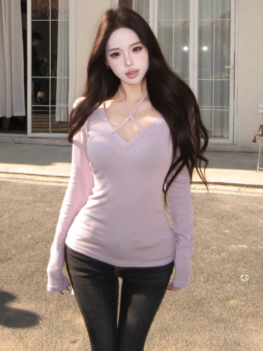 Sexy American Style Long Sleeve Low Cut V-Neck Pullover Hollow out Slimming Base Layer Top for Young Women in Autumn