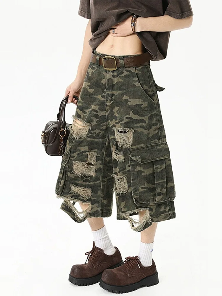 Damskie jeansy Y2K w stylu streetwear, luźne, z dziurami, letnie, amerykańskie, eleganckie spodnie cargo w stylu high street.