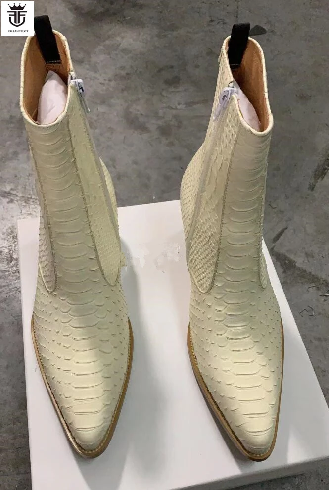 Brand New Fashion Men shinny leather boots zip side snakeskin print leather ankle booties male party shoes low heel mens boots
