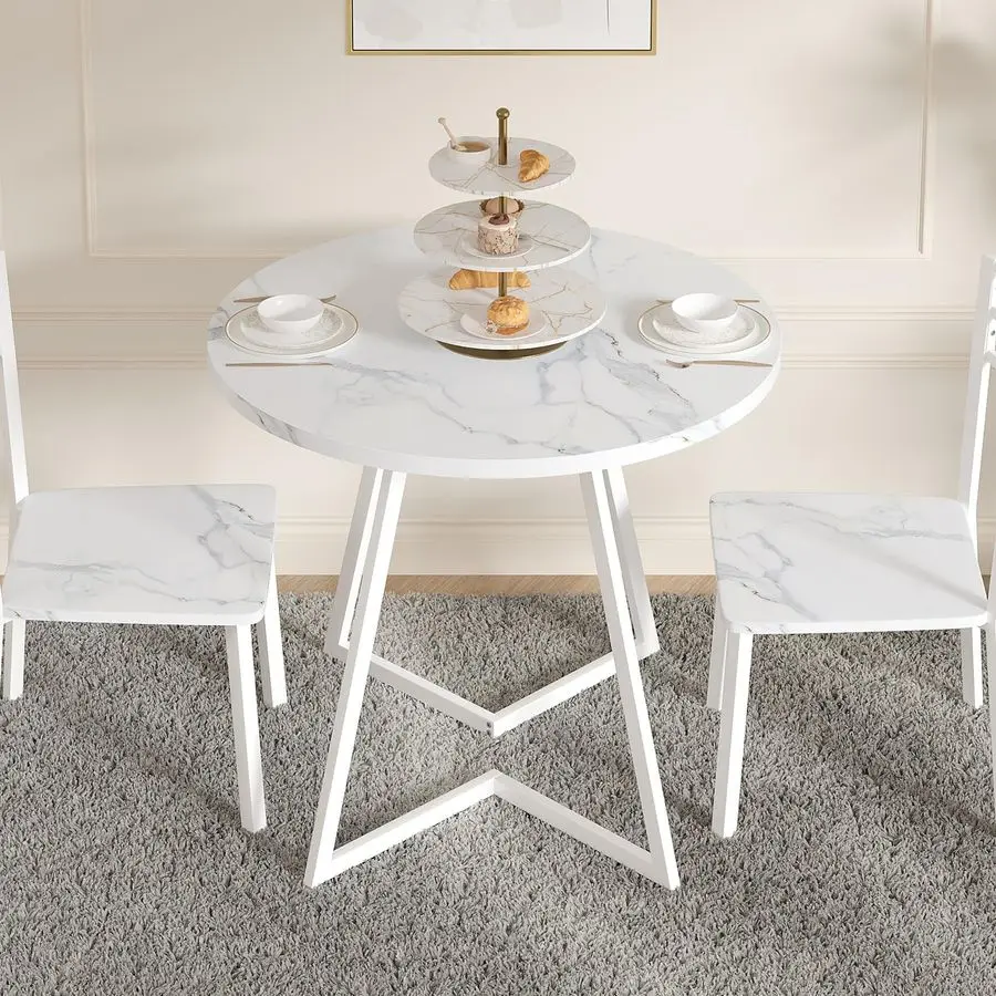 

Round Dining Room Table with Wood Grain Tabletop and Steel Frame, for Kitchen, Living Room, Office, Conference, 2 to 4 Person,