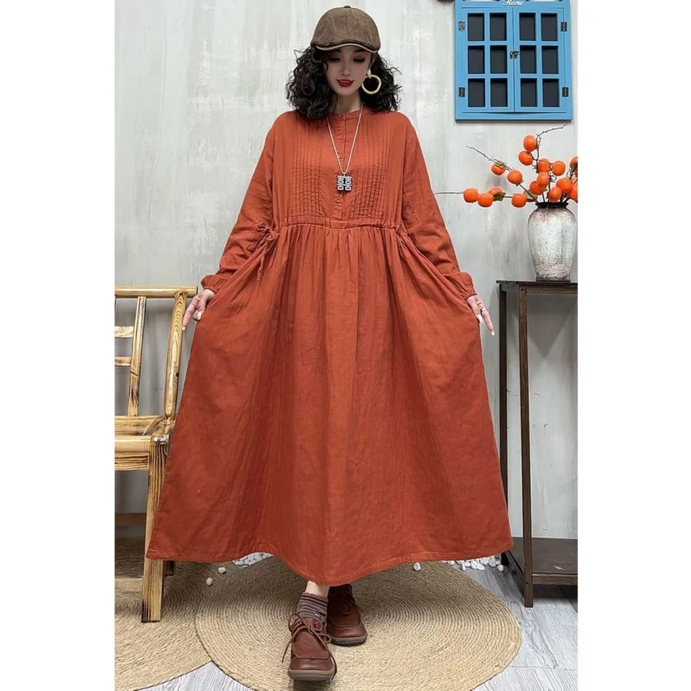 2026 Spring New Solid Color Cotton Gauze Long-sleeve Round-neck Dress Women Loo…