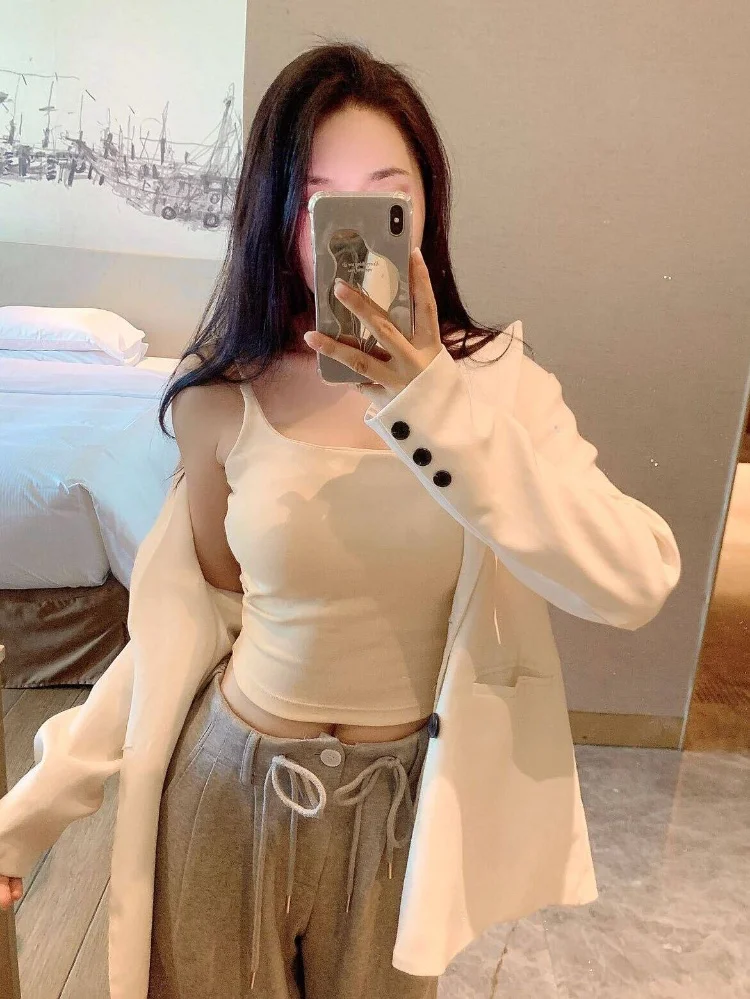 Pure Desir  Camisole Tank Top For Girls Slimming Summer Outerwear Inner Wear With Chest Pad Strap Vest Women Simple Sling