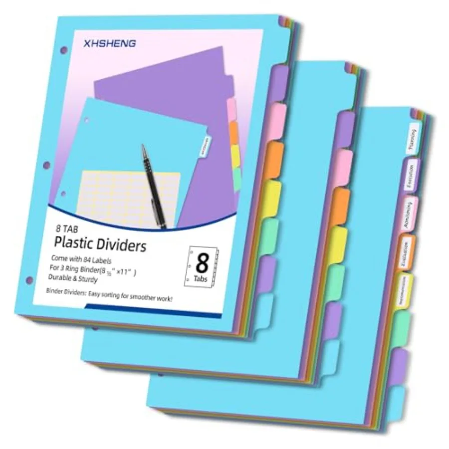 

3 Ring Binder Dividers with TAB, 24PCS/3 Set Plastic File Dividers, 3 Hole Punch Dividers, Pastel Color, Letter Size