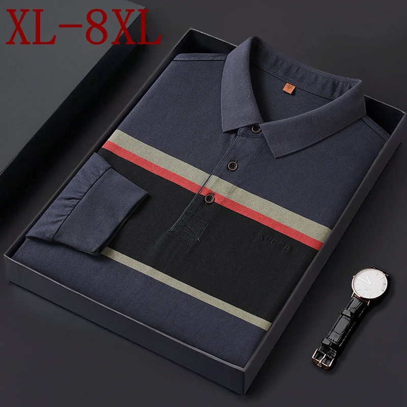 

8XL 7XL 6XL 2024 New Autumn High End Luxury 100% Cotton Shirts For Men Long Sleeve Striped Mens Polo Shirt Casual Loose T-Shirts