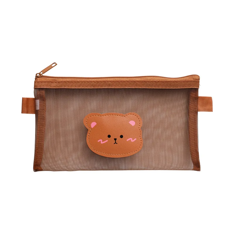 Cute Bear Pencil Case Pen Bag Transparent Mesh Package Coffee Color Storage Pouch for Stationery Office School Supplies