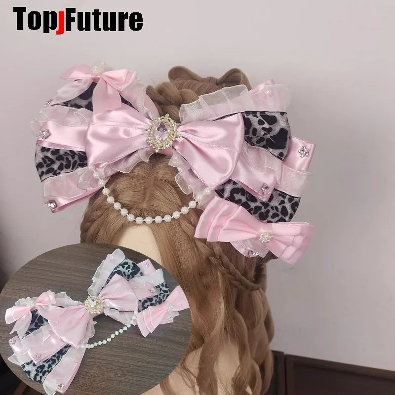 

Mars Gal Harajuku Goth Ji System Leopard Print Subculture Pearl Lace Lolita Steampunk Y2K girl Women Bow Hair Clip Top Hairpin