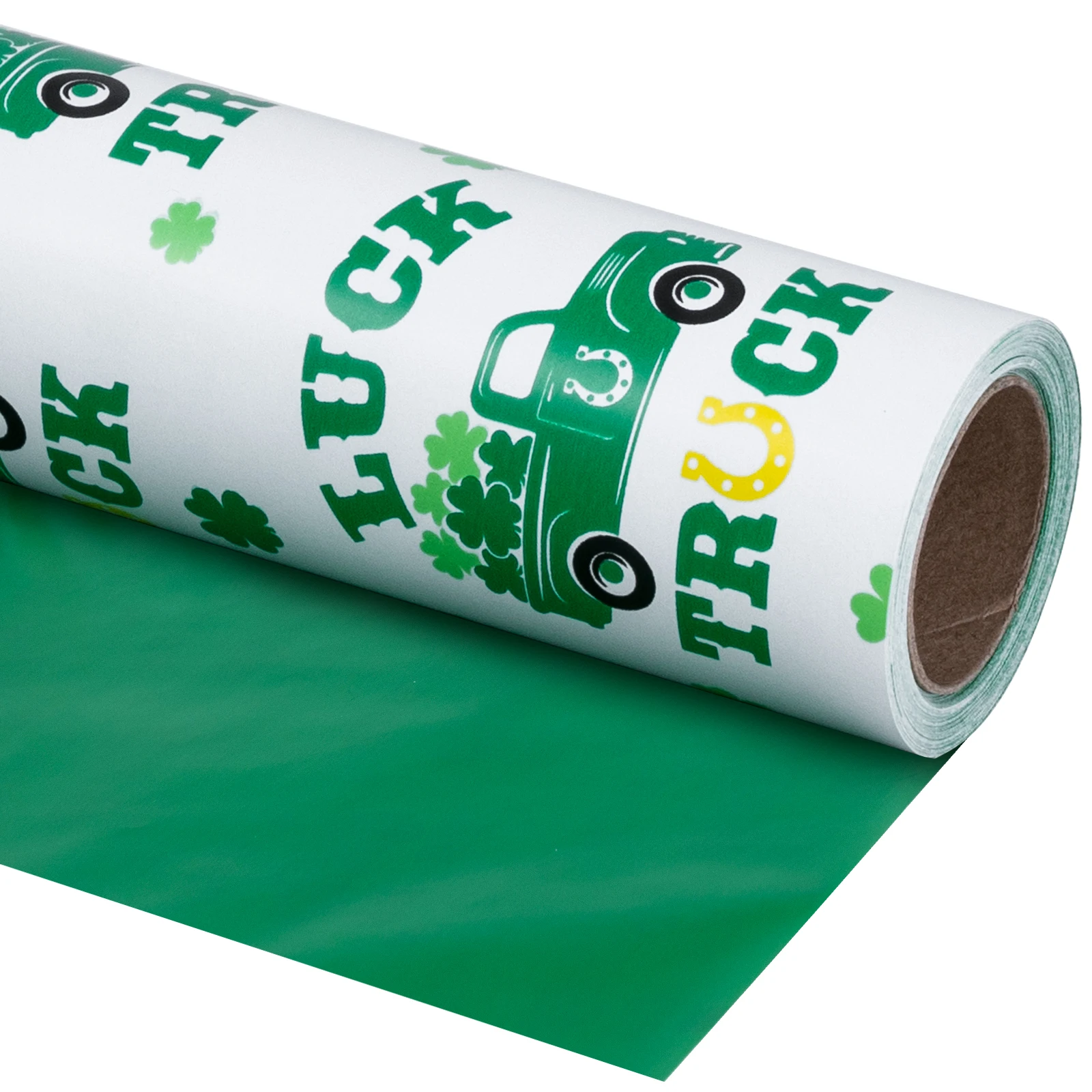 1 Roll of Reversible Green Four-Leaf Clover Lucky Truck Pattern Gift Wrapping Paper, St. Patrick's Day Themed Gift Wrapping Roll, for Holiday Party DIY Craft Gift Wrapping, 43.2cm X 1000cm (17inch X 32.81 Feet)