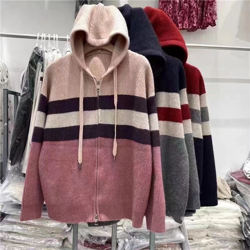 Cashmere Hooded Zipper Coat  Knitted Cardigan Female Autumn Winter Zipper  Cashmere Coat Women Casual Loose Solid Knitwear Women