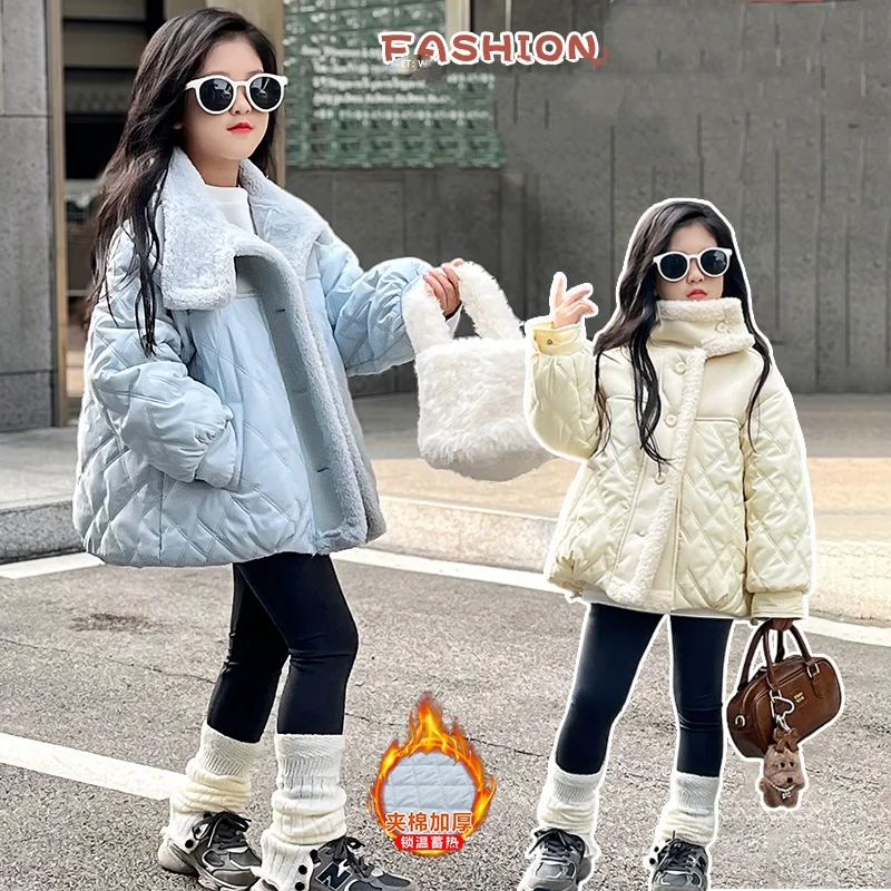 سترة قطن مبطنة خفيفة الوزن ملابس خارجية شتوية دافئة للفتيات 2025 جديد عصري طالب خليط الخبز النمط الكوري الإصدار 4-14Y