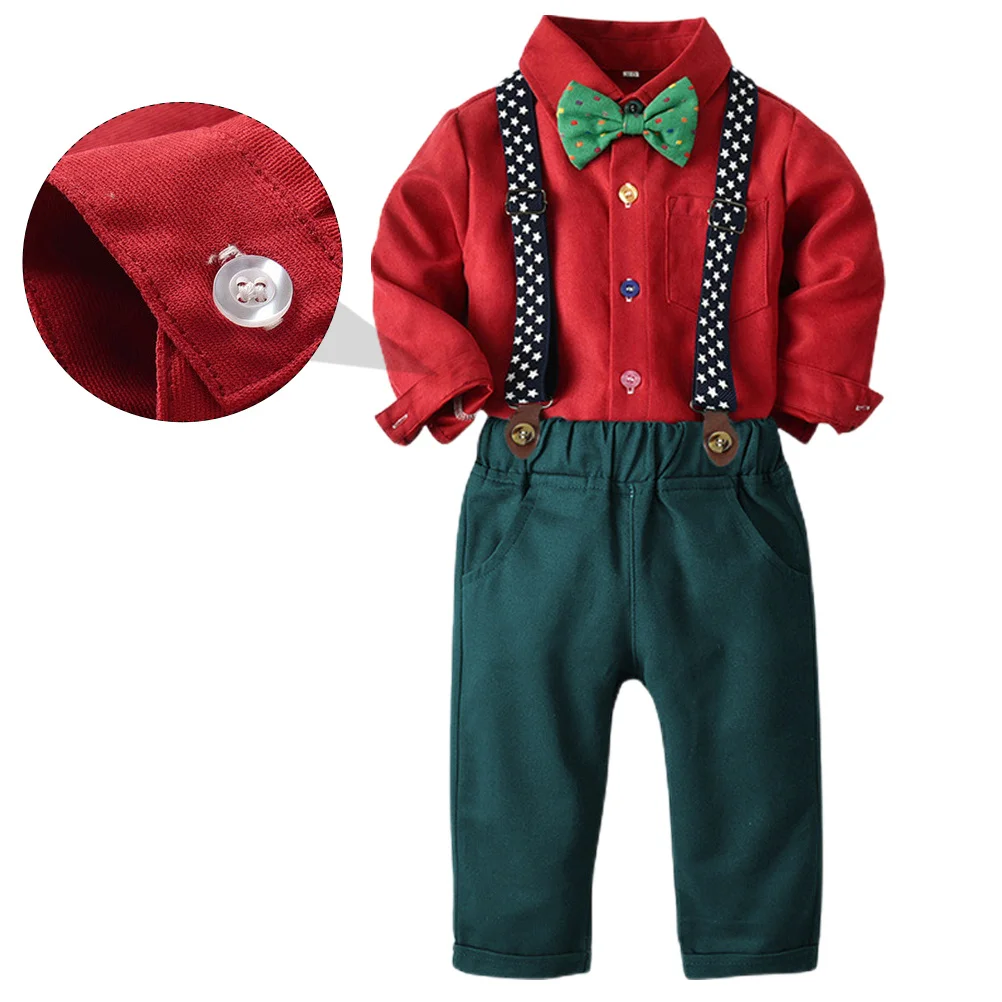 

1Set Children Bow Tie Shirt and Suspender Trousers Set Premium Crafted Holiday Festival Wear Soft Skin Friendly