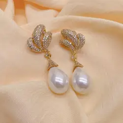 Y·YING Sea Shell Pearl Gold Plated Cz Pave Stud Drop Earrings Gifts