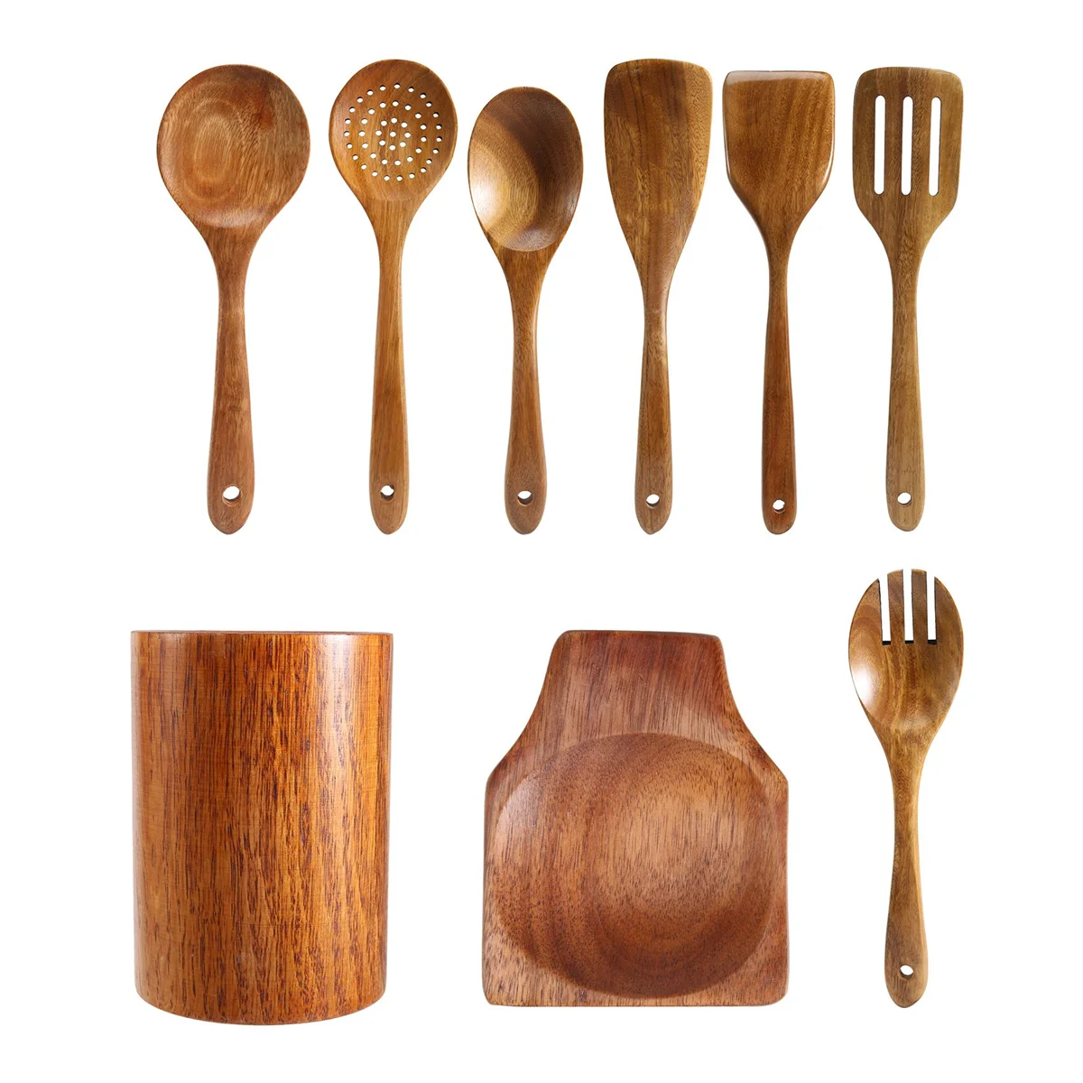 New 9 PCS Wooden Spoons for Cooking, Wooden Utensils for Cooking with Utensils Holder, Teak Wooden Kitchen Utensils Set