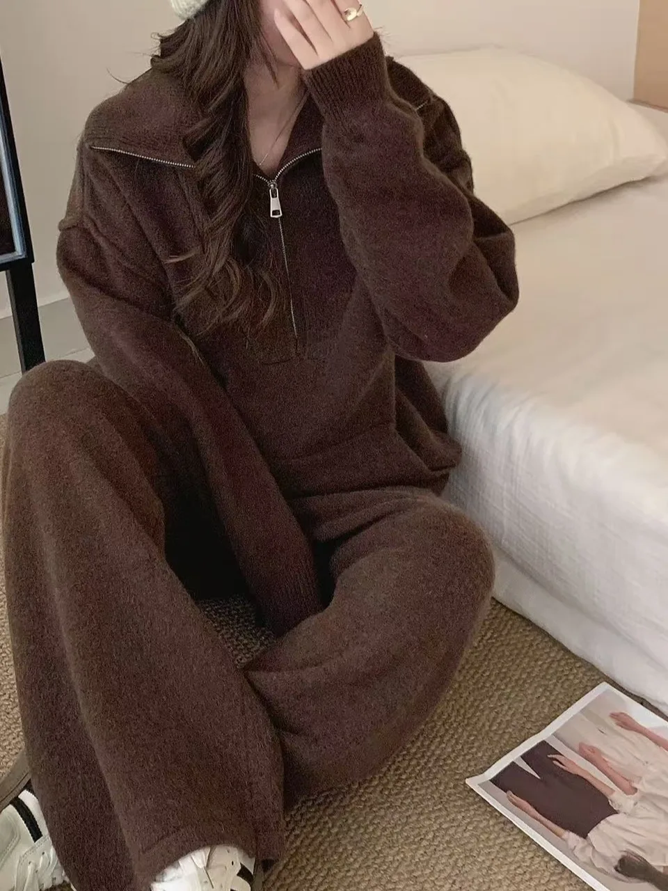 

Korean Sle Thiened Knitted Sweater Coat Women's High-End Feeling Overhead Knitted Long Pants Two-Piece Set Autumn Faion