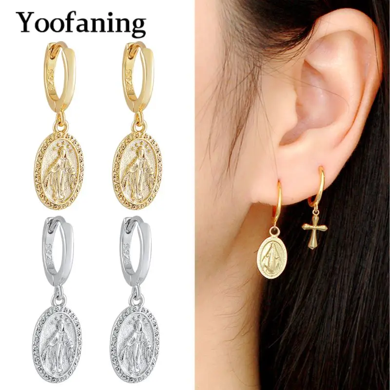 925 Sterling Silver Ear Needle Vintage Religious Mother Mary Coin Earrings Pendant Women Classic Popularity Earrings Accessories