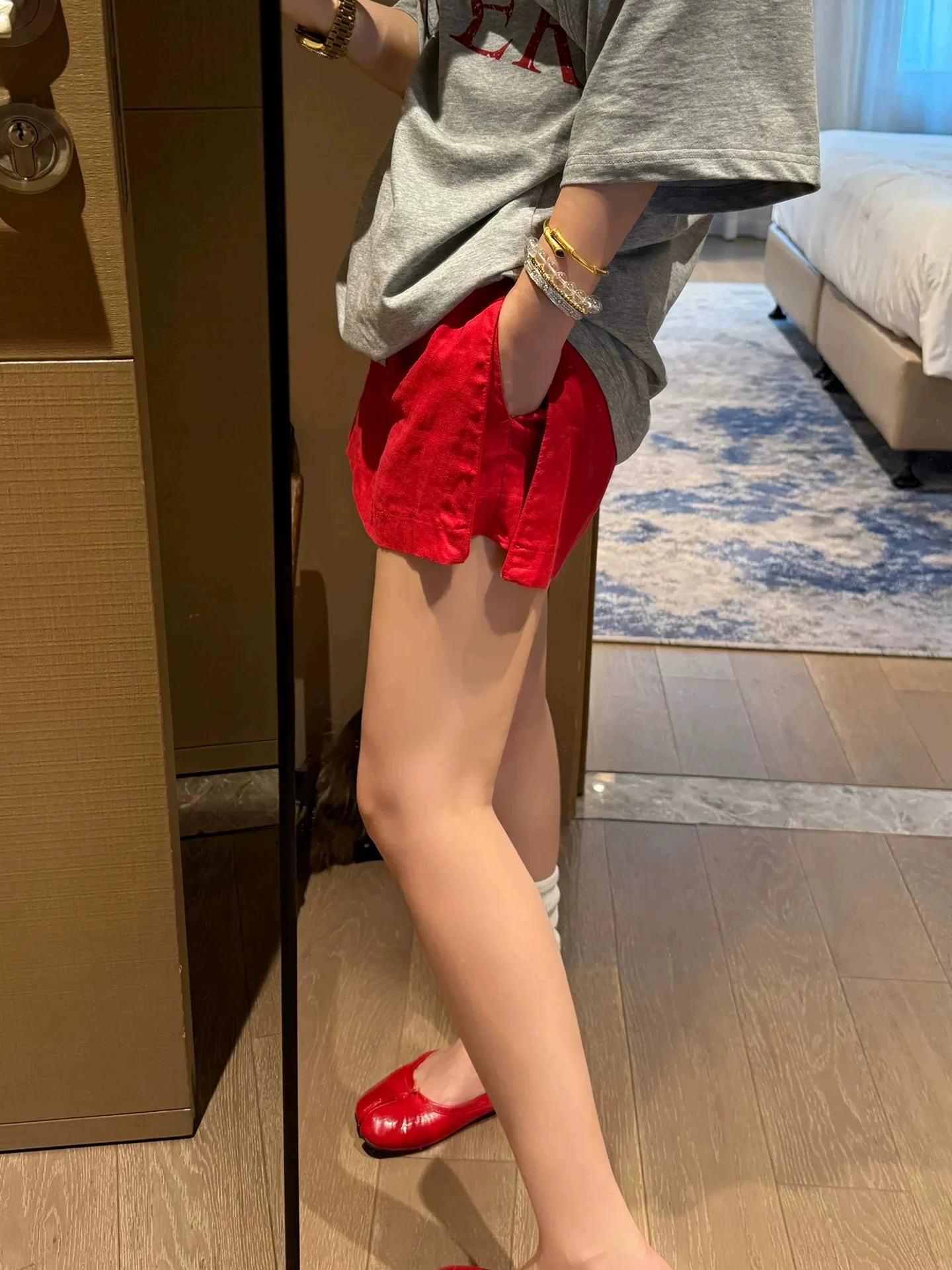 Red Cotton Linen Asymmetrical A-Line  Skirt Women's Summer Fashionable Design Double Side Slit Short Skirt High Waist Ela...