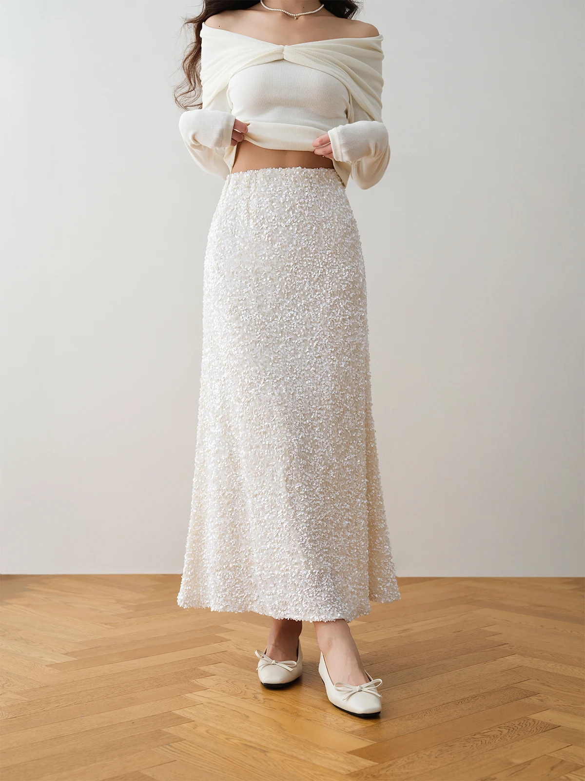 

Romantic Sle Sequin A-Line Midi Skirt High Waist Slimming Women's Winter Faion French Sle Polyester Fiber Elastic Band