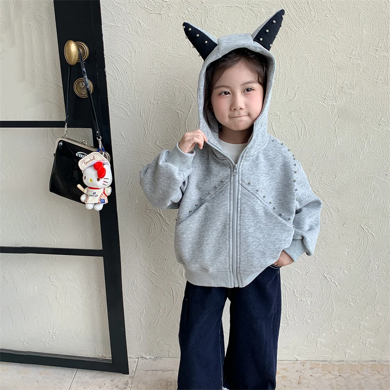 New Casual Baby Girls Zipper Jacket with Ears Hoodies for Children Cute Style Hooded Coat with Beads Kids Spring Autumn Clothing