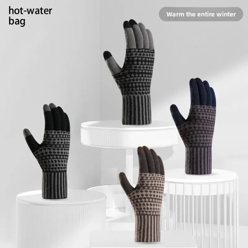 New Cross Border Touchscreen Gloves Men Winter Fleece Lined Cold Resistant Outdoor Cycling Knitted Warm Sport