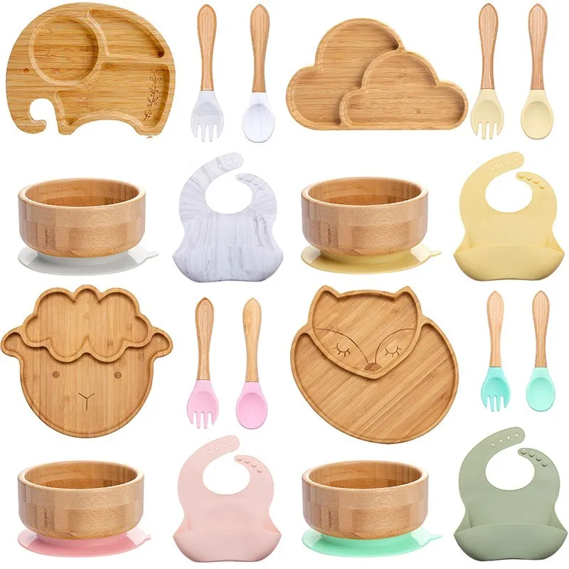 

5pcs Wood Tableware Suction Plate Bowl Baby Feeding Spoon Fork for Kids Tableware Bamboo Dishes Bib Feeding Tableware Sets