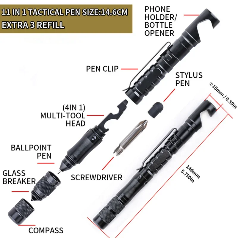Outdoor Survival Multifunctional Tactical Pen Mobile Phone Holder Tactical Self-Defense Pen Tool Touch Screen With Screw Compass