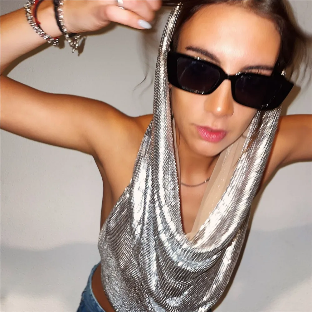 Y2K Streetwear Metal Sequins Women Tank Top Punk Goth Hip Hop Bandana Head Wraps Vest Rave Festival Women Tops Tee For Nightclub