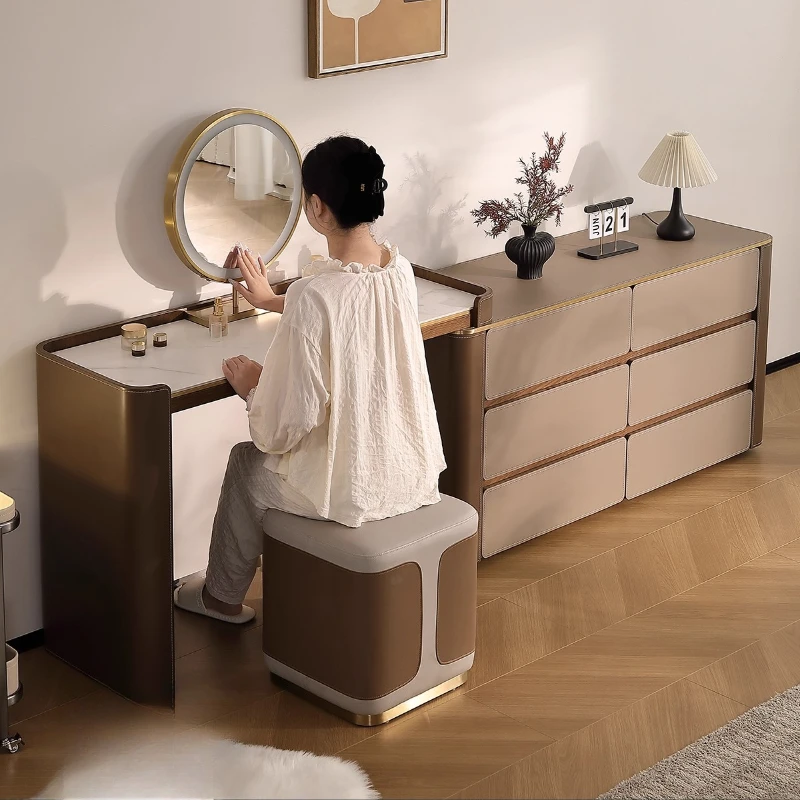 L-shaped small apartment bedside table bedroom desk integrated dressing table ZML retractable saddle leather dressing table home
