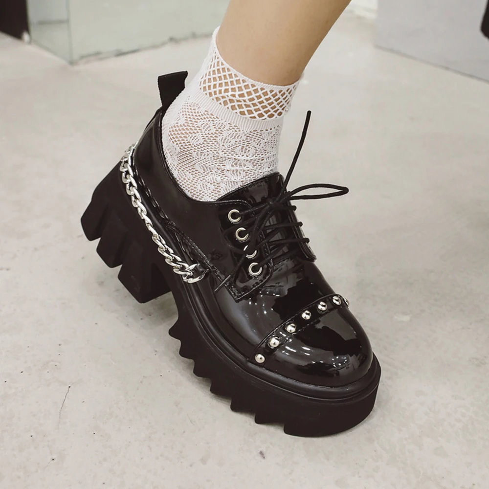 New Women's Spring Punk Ankle Boots Lace-up Pumps Medium Heel Platform Rock Female Shoes British Style Casual Loafers Student