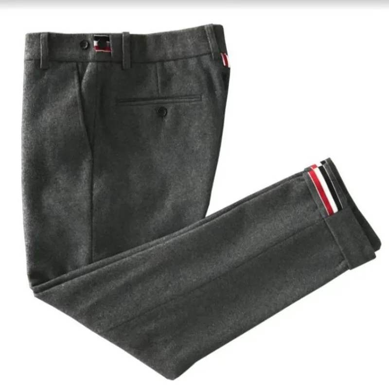 Pantaloni di lana, pantaloni al polpaccio slim fit a gamba dritta da uomo autunno e inverno, pantaloni casual casual e alla moda in tinta unita di alta qualità