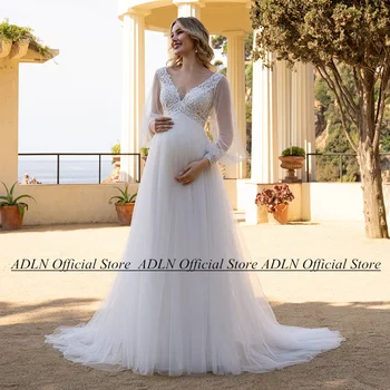 Hamile Gelin için Beyaz Fildişi Gelinlik Özelleştirilmiş Puf Kol V Yaka İmparatorluğu Gelin Kıyafeti Dantel-up Robe De Mariee See Through