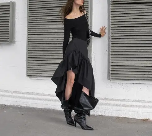 

Модная однотонная юбка нестандартной формы с высокой талией и оборками для женщин, облегающая персонализированная юбка трапециевидной формы с разрезом