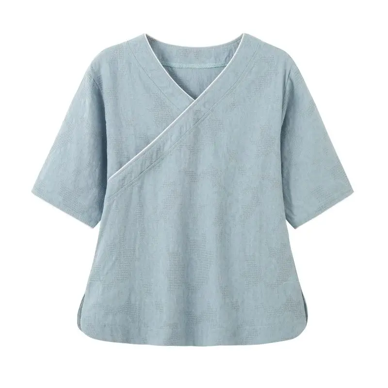 

Women's Cotton Linen Blouse V-Neck Short Sleeve Chinese Style Casual Summer Zen Tea Top