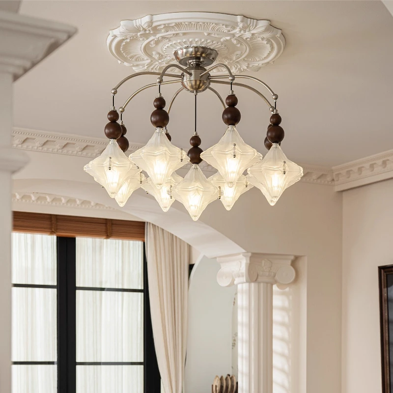 

French Wooden Bead Ceiling Chandeliers White Star Glass Hanging Lamp Creative Living Room Bedroom Restaurant Hotel Pendant Light