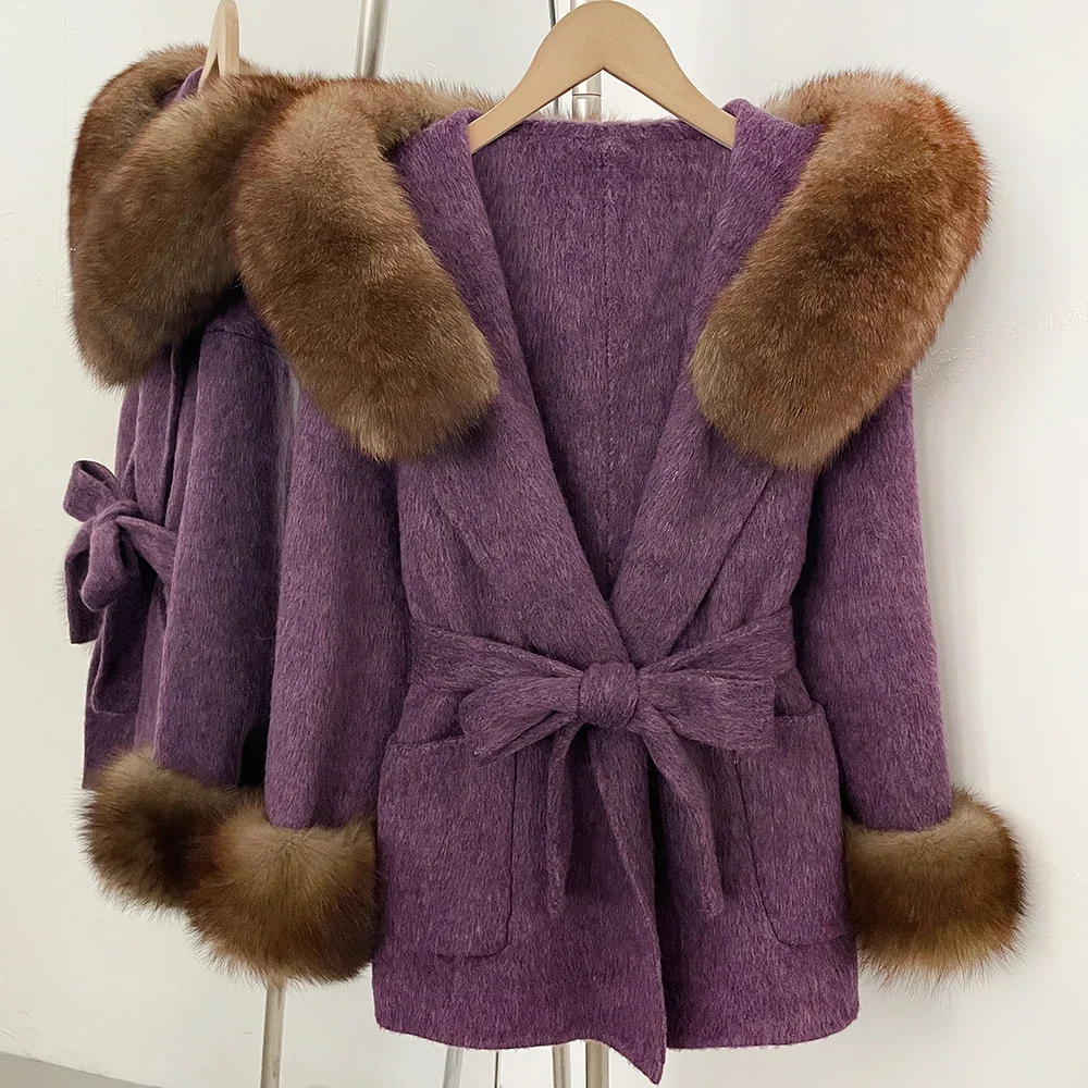 OFTBUY Winter Warmer Dicker Modischer Wollmantel Neuer Eleganter Taillierter Wollmantel für Damen mit Echtem Pelzkragen und Kapuze – Detail 21