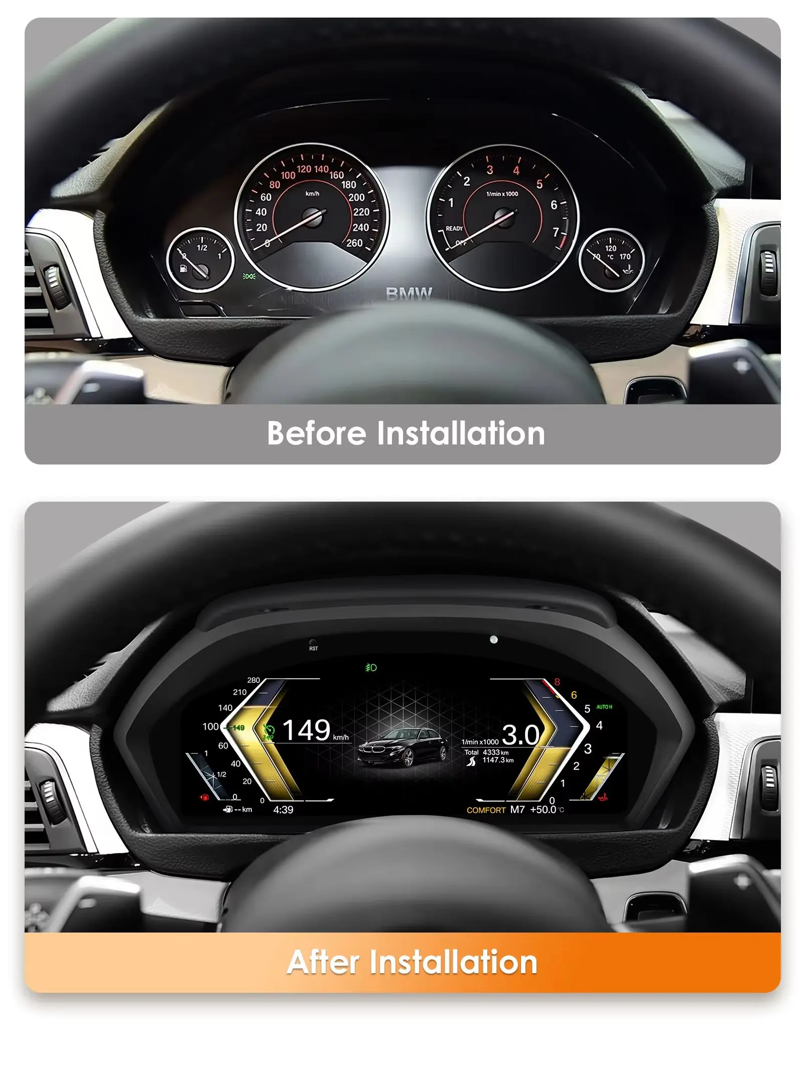 OSSURET 12,3 Zoll Digitales Kombiinstrument für BMW 3er 4er Serie F30 F31 F32 F33 F34 F36 Linux 5.4 Stabiles Betriebssystem 8GB RAM 1920*720 HD Blendfreies Multi-UI Breiter Temperaturbereich -20 ℃ ~75