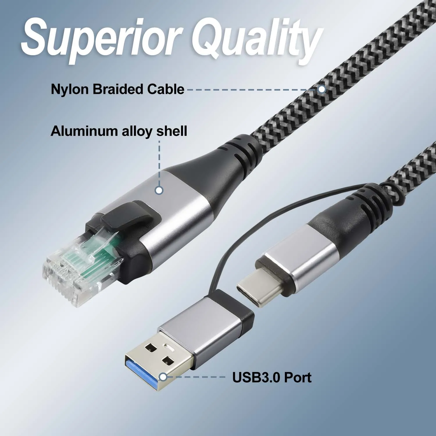 Rycvaky Type C to RJ45 Cable USB3.0 to Ethernet Cord 2 in 1 Gigabit LAN Network Adapter Directly Connected for PC MacBook Air