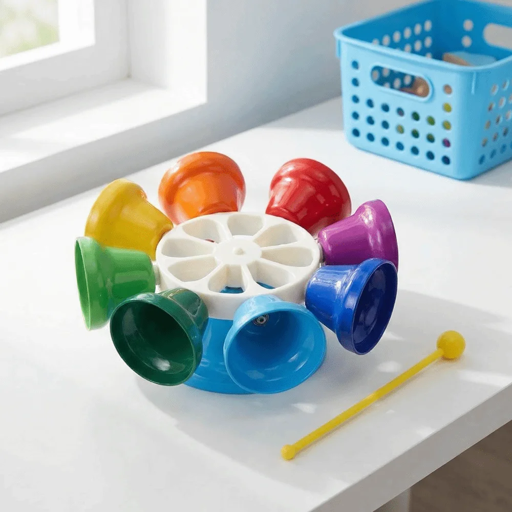 8-Tone Rotating Bell Rainbow-Colored Children's Drum Toy with Sticks for Children's Music Education Percussion Instrument