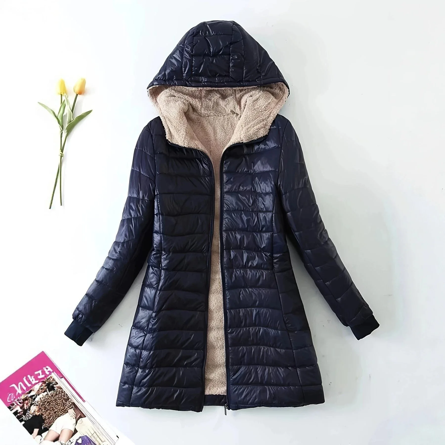 Basic Women's Hooded Padded Coat Mid Length Zip Up Fleece Lined Loose Fit Warm Winter Outerwear Casual Solid Color Jacket Coat