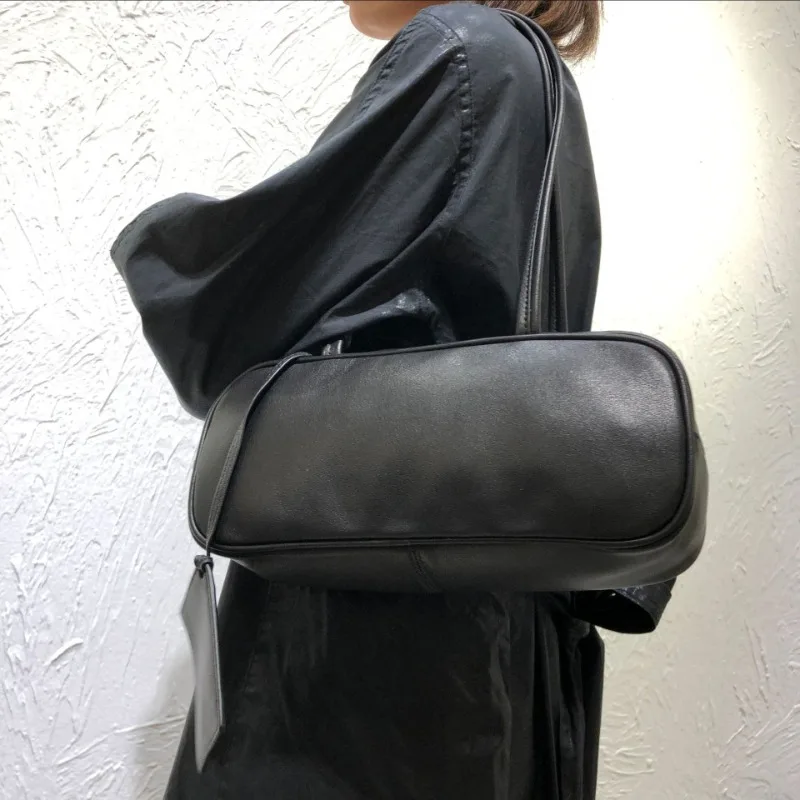 Simple Casual Genuine Leather Black Bags for Women Y2k Grunge Shoulder Underarm Tote Bag 2024 Autumn New Top-Handle Bags