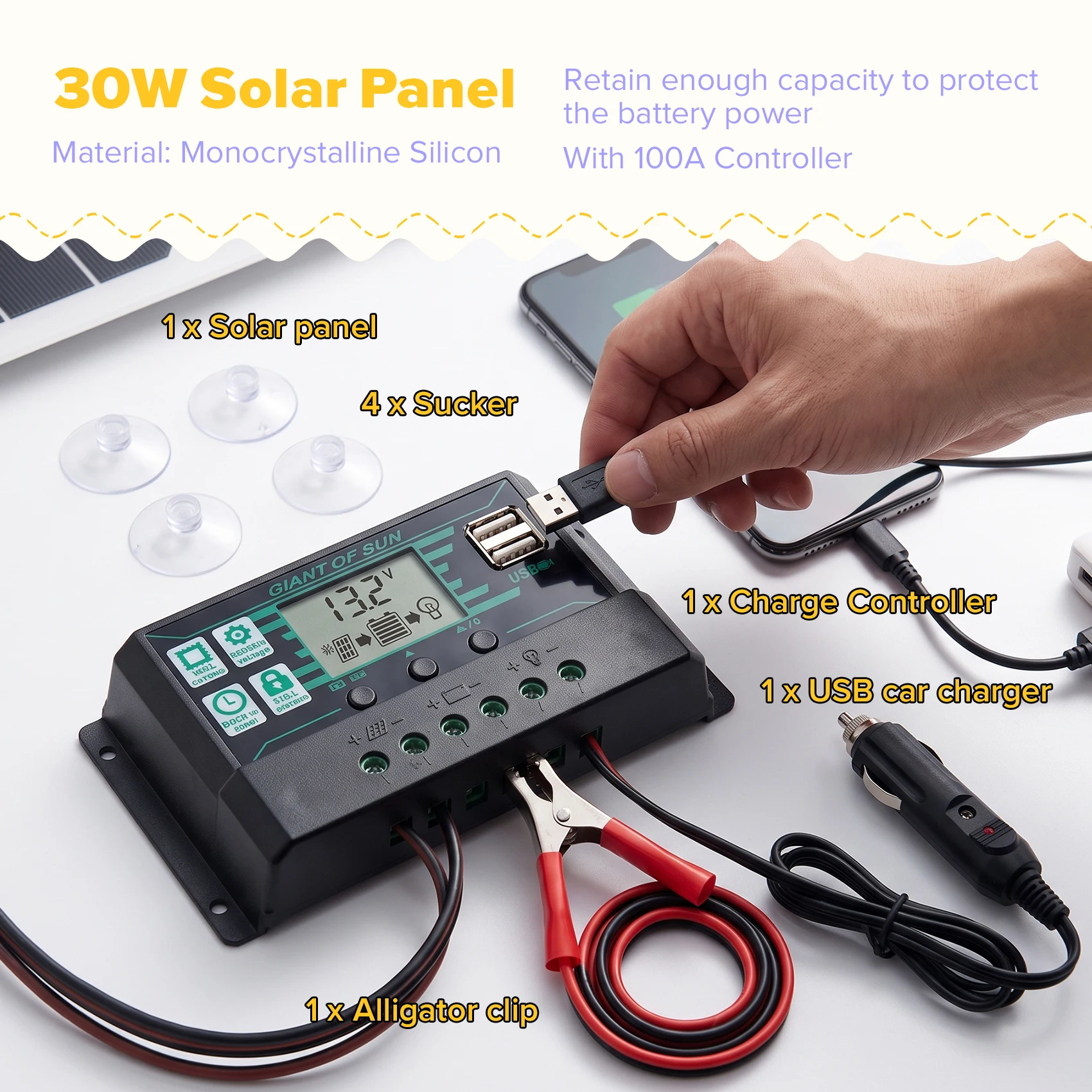 A58Z 30W Solar Panel Car Van Boat Caravan Trickle Portable 12V Battery Charger with 100A Controller