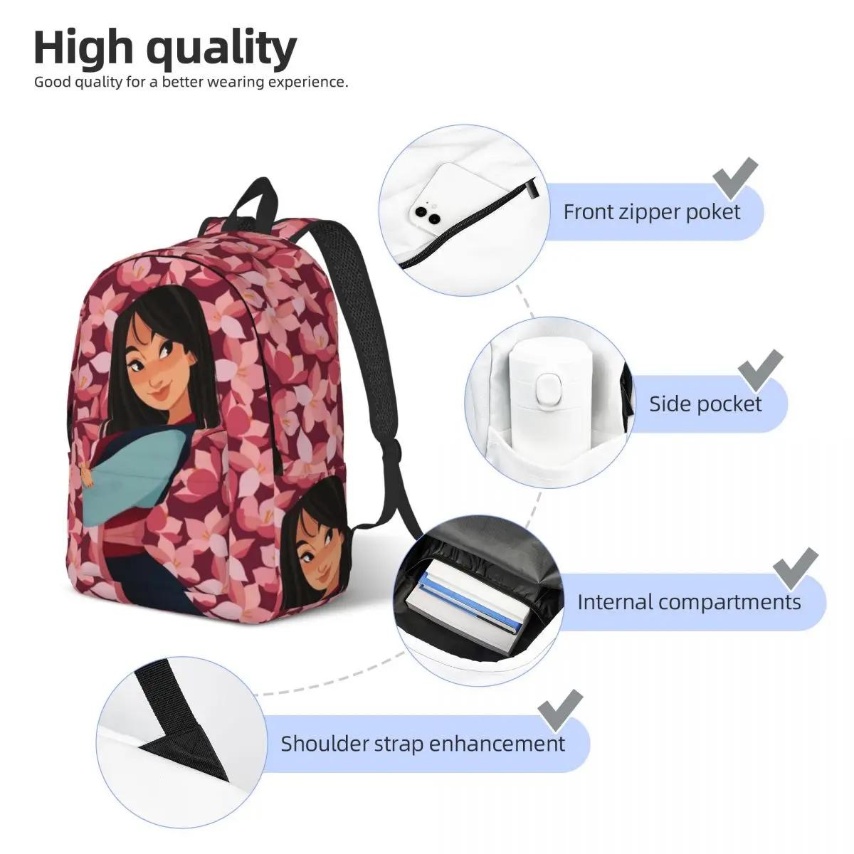 Custom 3D Printing Mulan Flowers Canvas Backpacks for Girls Boys College School Travel Bags Men Women Bookbag Fit 15 Inch Laptop